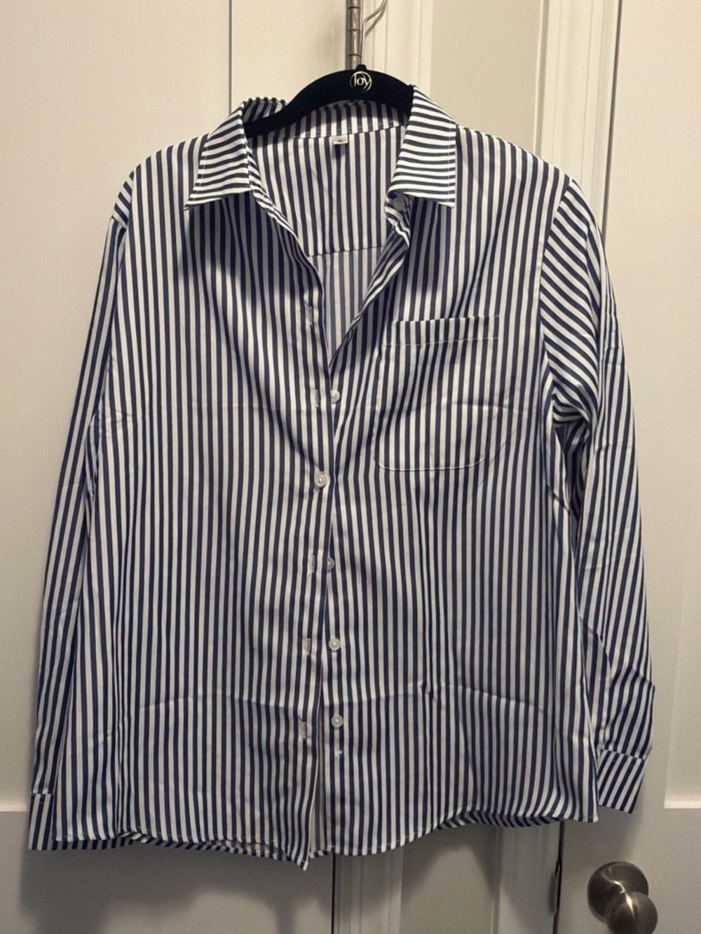 Ladies Blue and White Vertical Stripe Button-Down Shirt